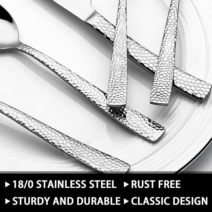 49-Piece Hammered Silverware Set with Organizer, Heavy Duty Stainless Steel Wave Flatware for 8, Cutlery Utensil Sets with Steak Knives, Rust-proof, Mirror Polished, Dishwasher Safe