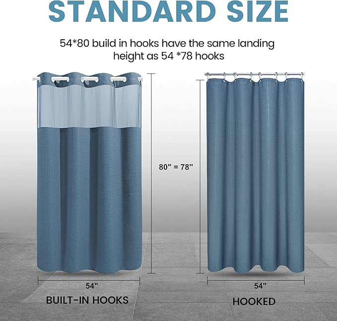 Moonlight Blue Stall No Hook Shower Curtain with Snap in Liner,230GSM Waffle Weave Shower Curtains for Bathroom,54W x 80H