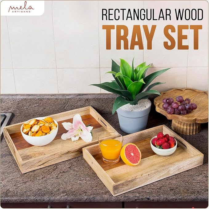 Mela Artisans Wooden Serving Tray Set of 2 with Handles | Mango Wood Ottoman Trays 15x10x1.75 & 13x9x1.75 | Decorative | Snack | Dessert | Bread | Coffee Table | Bedroom | Rectangular Edge Design