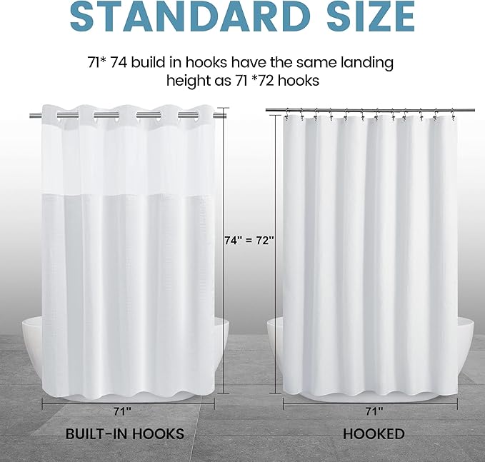 White No Hook Shower Curtain with Snap in Liner,230GSM Waffle Weave Shower Curtains for Bathroom,71W x 74H