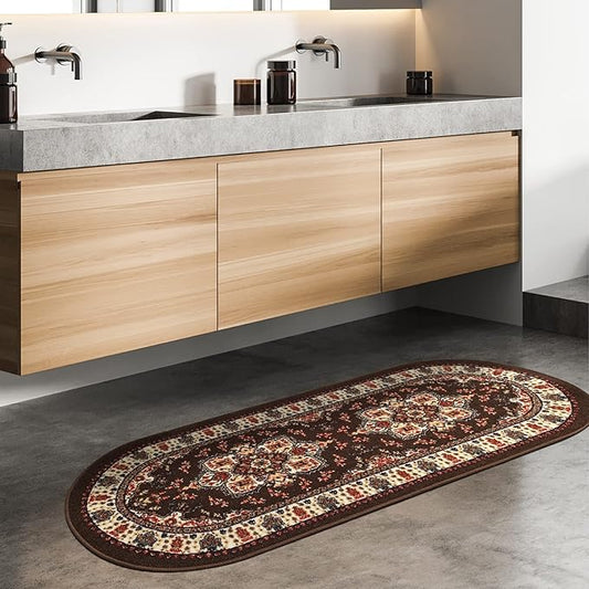 Antep Rugs Alfombras Oriental Traditional 2x5 Non-Skid (Non-Slip) Low Profile Pile Rubber Backing Kitchen Area Rugs (Brown, 2' x 5' Oval)