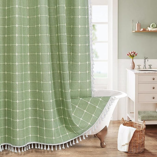 MitoVilla Sage Green Boho Farmhouse Shower Curtains for Modern Country Bathroom Decor, Thick Polyester Linen Fabric Shower Curtain, Rustic Neutral Weave Cloth Shower Curtain, 72 x 72