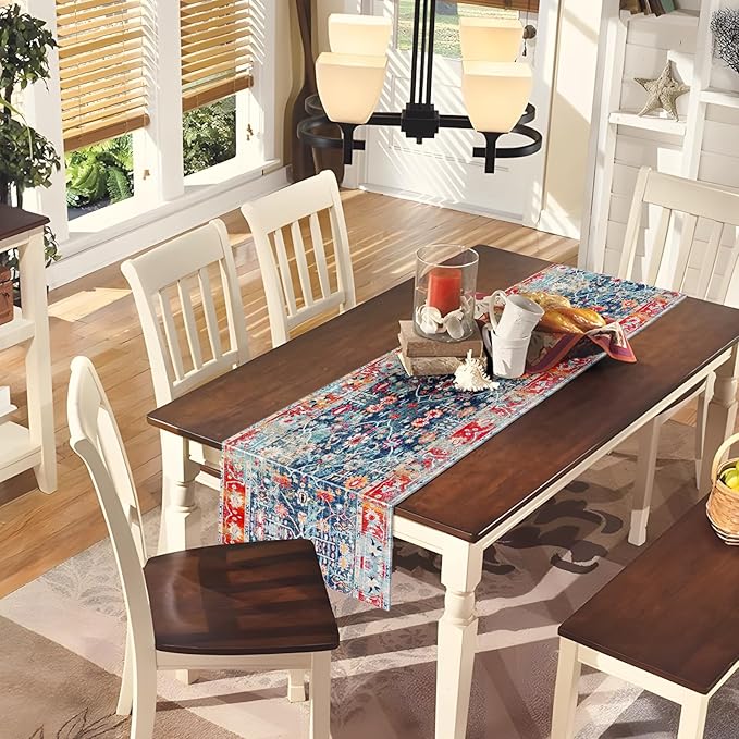 Snycler Table Runner Boho Table Runners Vintage Elegant Farmhouse Table Center Linen Decor for Home Dining Party Entrance (13x108 Inch) Boho-Blue&Red