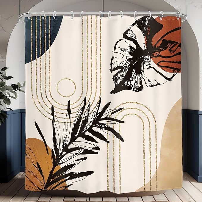 Glawry Abstract Tropical Shower Curtain Boho Watercolor Red Brown Palm Leaf Plant Botanical Bathroom Minimalist Bohemian Leaves 60Wx72L Inches Bath Accessories Art Home Decor Fabric with Hooks