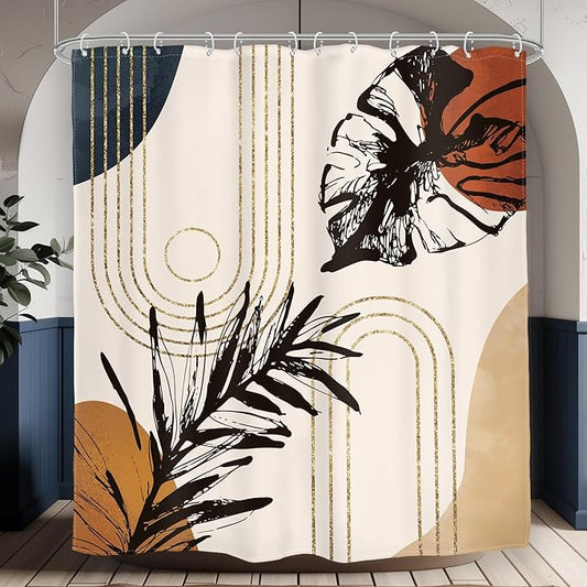 Glawry Abstract Tropical Shower Curtain Boho Watercolor Red Brown Palm Leaf Plant Botanical Bathroom Minimalist Bohemian Leaves 60Wx72L Inches Bath Accessories Art Home Decor Fabric with Hooks