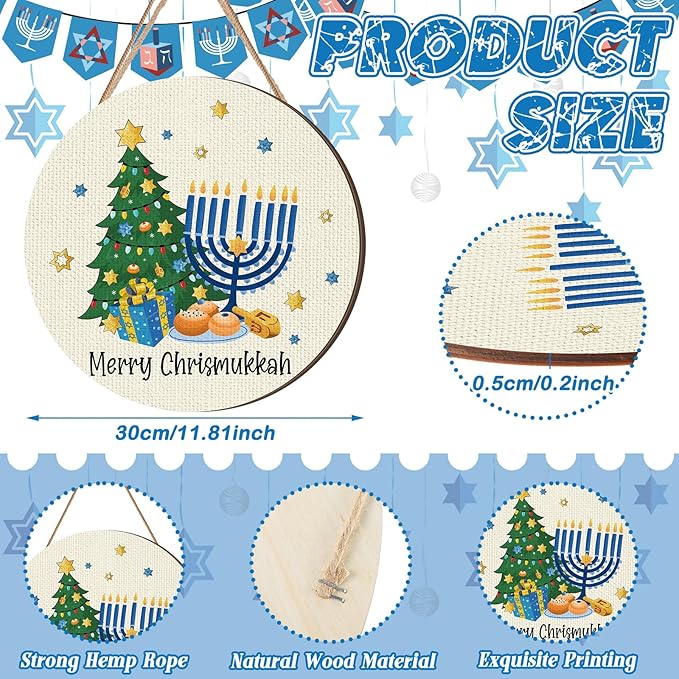 Blosssound 3 Pcs Door Decorations Front Hanging Door Sign Hanging Ornament Wooden Wall Sign Hanger for Celebrations Farmhouse Home Living Room Party Supplies(Happy Hanukkah)