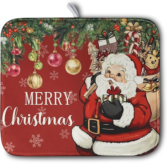 Merry Christmas Dish Drying Mat Santa Claus Kitchen Drainer Mats Microfiber Absorbent Winter Xmas Holiday Dishes Pad Reusable Dish Rack Mat for Countertop Tableware Decor 16x18 Inch