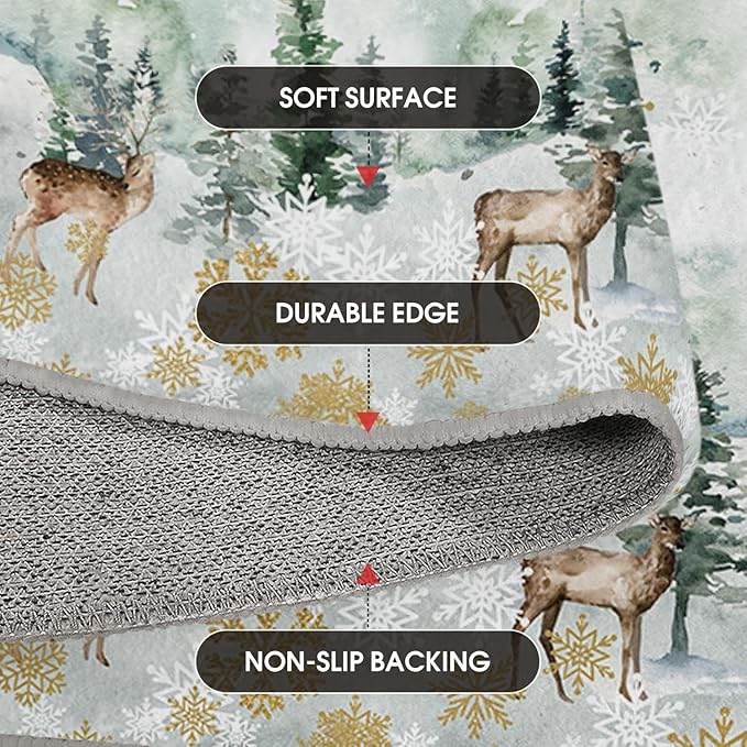 Artoid Mode Deer Snowflakes Pine Tree Christmas Area Rug, Xmas Winter Home Decor Low-Profile Non-Slip Washable Runner Rug for Entryway Bedroom Living Room Laundry Room Indoor 2x6 Feet