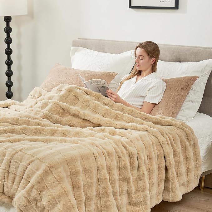 Cozy Bliss Fluffy Faux Fur Blanket King Size for Bed, Fuzzy Soft Striped Plush Blanket, Thick Throw for Bedroom Couch Gift, 108x90 Inches Beige