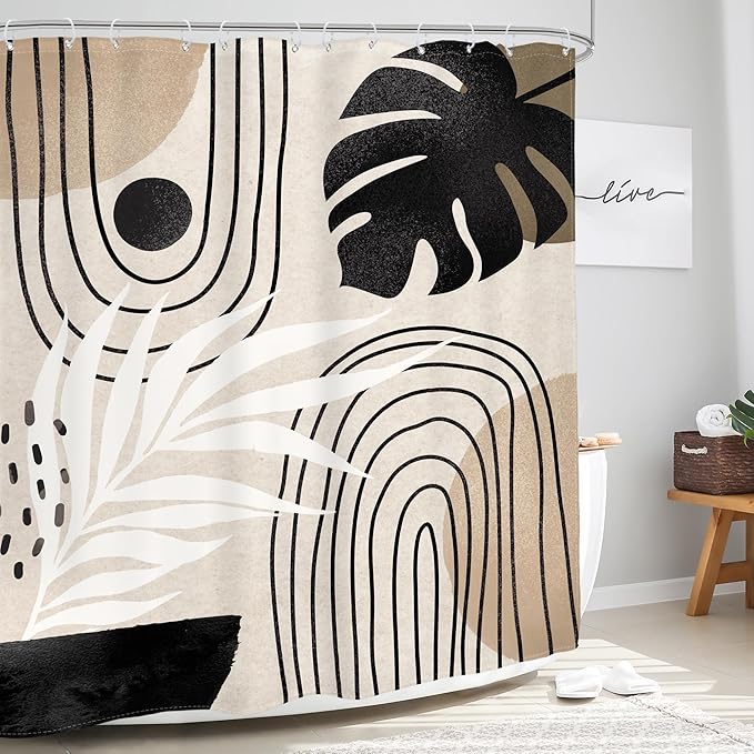 Glawry Boho Black Brown Beige Shower Curtain Extra Long Modern Mid Century Abstract Tropical Leaf Bathroom Minimalist Geometric Arch 72Wx84L Inches Bath Accessories Art Home Decor Fabric 12 Pack Hooks