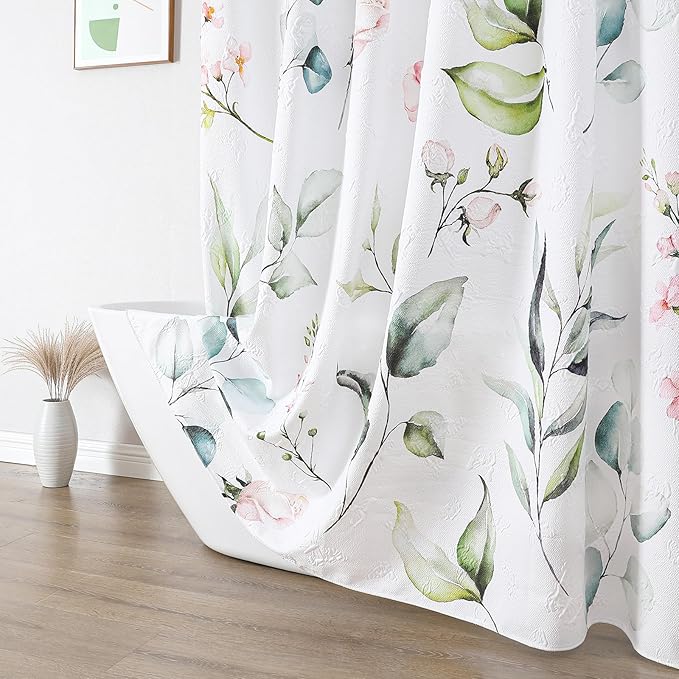 QIYI Watercolor Eucalyptus Shower Curtain, 3D Embossed Butterflies Floral Bathroom Curtain, Minimalist White Farmhouse Bath Curtain, Waterproof Fabric Green Leaves Shower Curtain Set with Hooks, 72x72