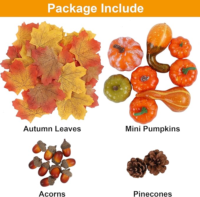 winemana Fall Decorations for Home-6pcs Mini Pumpkins & 2pcs Gourds, 30pcs Leaves & 10pcs Acorns, 2pcs Pinecones Centerpiece Set -Thanksgiving Harvest Decor for Table Mantel (Largest: 4.5" x 2.1")