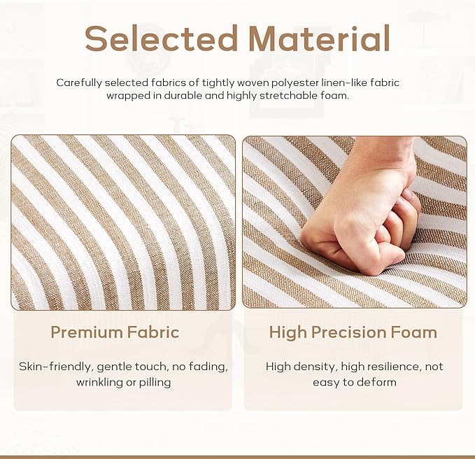 HUIMO Linen Fabric Accent Chairs Set of 2, Mid-Century Modern Armchair with Solid Wood Legs, Single Sofa Chair,Upholstered Reading Club Chair (2, Brown and White Stripe)