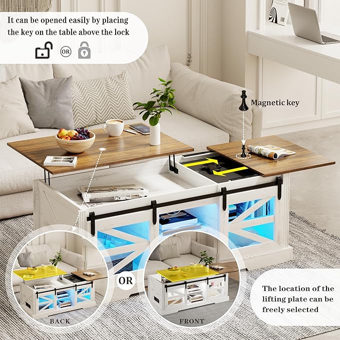 Farmhouse Coffee Table, Lift Top Coffee Table with Gun Cabinet, 2 Sliding Barn Doors-Large Storage and 3 Color LED Lights fit Modern Rectangular Rustic Living Room Center Table,White