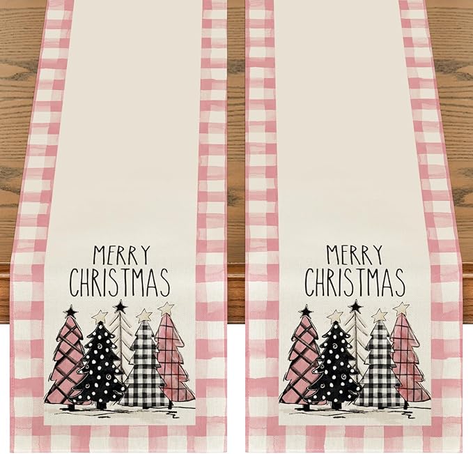 Artoid Mode Pink Buffalo Plaid Xmas Trees 2PCS Merry Christmas Table Runner, Seasonal Winter Holiday Table Decoration for Home Party Decor 13 x 72 Inch
