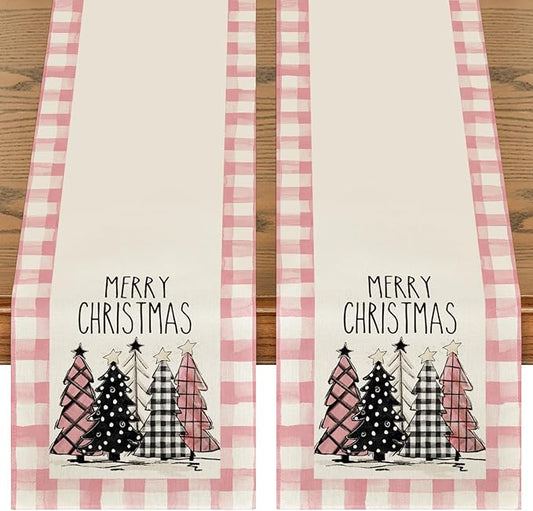 Artoid Mode Pink Buffalo Plaid Xmas Trees 2PCS Merry Christmas Table Runner, Seasonal Winter Holiday Table Decoration for Home Party Decor 13 x 72 Inch