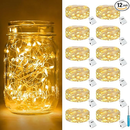 btfarm 12 Pack Fairy Lights Battery Operated [3 Modes], 7ft 20 Led Twinkle Lights String Lights Waterproof Bulk Small Mini Silver Wire for Mason Jars Vases Wedding Table Centerpiece, Warm White