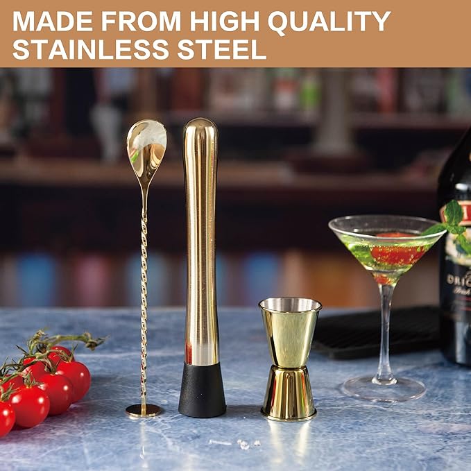 3-Pcs Gold Muddler & Mixing Tools Set, 10" Muddler, 12" Cocktail Spoon & 1 oz/2 oz Double Jigger, Bar Tool Set for Beverages