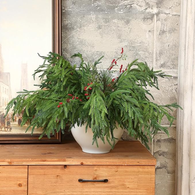 Jutom 6 Pcs 30 Inch Christmas Norfolk Pine Branches, Lifelike Bendable Non-Shedding Greenery Stems Faux Pine Picks for Christmas Mantel Centerpiece Garland Wreath and Holiday Decor
