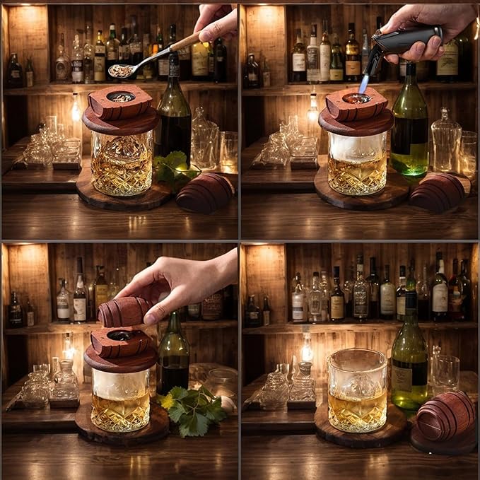 Whiskey Smoker Kit with Torch- 6 Wood Chips, 2 Whisky Glass Sets- Bourbon Cocktail Smoker Set, Old Fashioned Drink Smoker Kit, Ultimate Birthday Gifts for Men, Dad, Husband (No Butane)