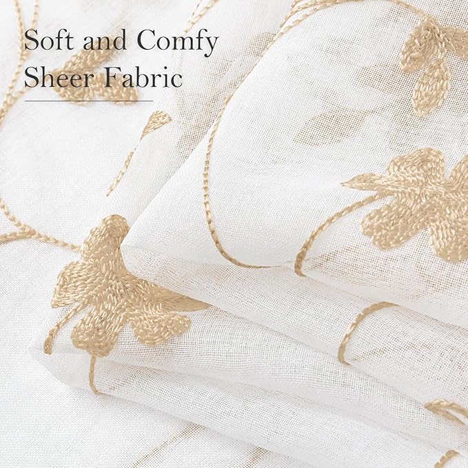 HOMEIDEAS Yellow Sheer Curtains 96 Inches Long 2 Panels Yellow and White Embroidered Floral Pattern Semi Sheer Window Curtains for Bedroom Living Room