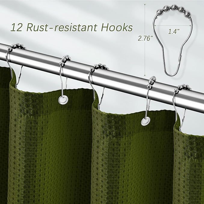 Extra Long Dark Green Waffle Shower Curtain, Heavy Duty 256GSM Fabric Curtains with Weave Hotel Quality Bathroom Curtains, 72 x 84 Inches