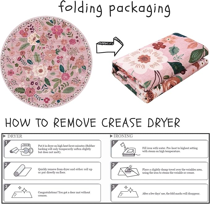 Rugcomf Round Rug 4ft Washable Circle Rug Non Slip Low Pile Boho Floral Small Circular Rug for Bedroom, Bathroom, Entryway, Kids Room, Office, College Dorm(Pink)