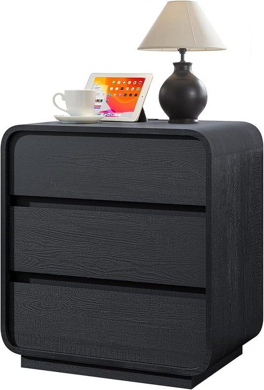 Black Night Stand with Charging Station, 25" Tall Wood Bedside Table, Modern End Table Dresser with 3 Storage Drawers, Curved Profile, Mid Century Nightstand for Bedroom Dorm Sofa Office