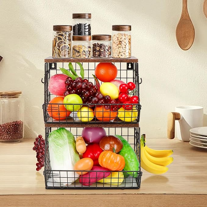 Livabber Fruit Basket for Kitchen, Metal Fruit Vegetable Storage Bin with 2 Banana Hangers, Countertop Wire Basket Organizer for Snack Potato Onion, Screw Mounted or Stand (Black, 2 Pack)