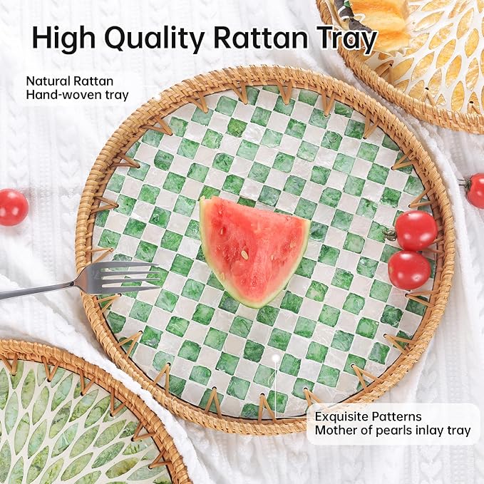 Round Rattan Tray with Mother of Pearl Inlay, Rattan Serving Tray for Coffee, Bread, Fruits, Decorative Wicker Tray for Table Decor, Home Decor, Kitchen Island Decor(Green Checkerboard, 11.8")