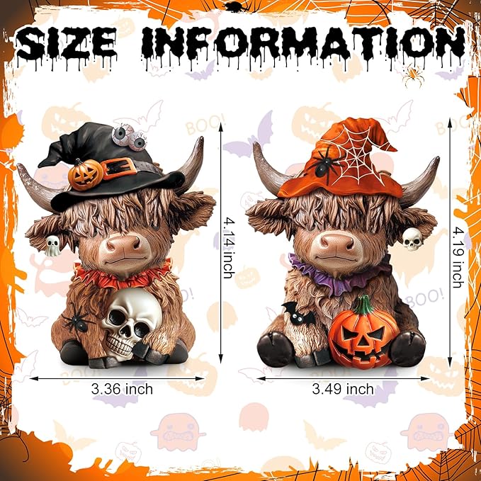 Karenhi 2 Pcs Highland Cow Figurines Halloween Pumpkin Skull Spider Highland Cow Gnomes Scottish Resin Statue Calf Lovers Gifts for Halloween Home Garden Kitchen Office Tiered Tray Table Decor