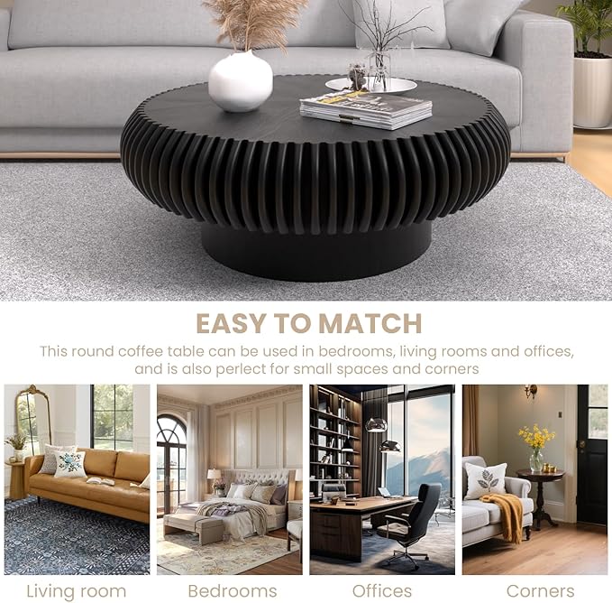 Fluted Drum Coffee Table Round Coffee Table for Living Room Mid Century Modern Coffee Tables with Sturdy Pedestal Circle Center Tea Table Accent Tea Table for Small Space Apartment (31.5" Black)