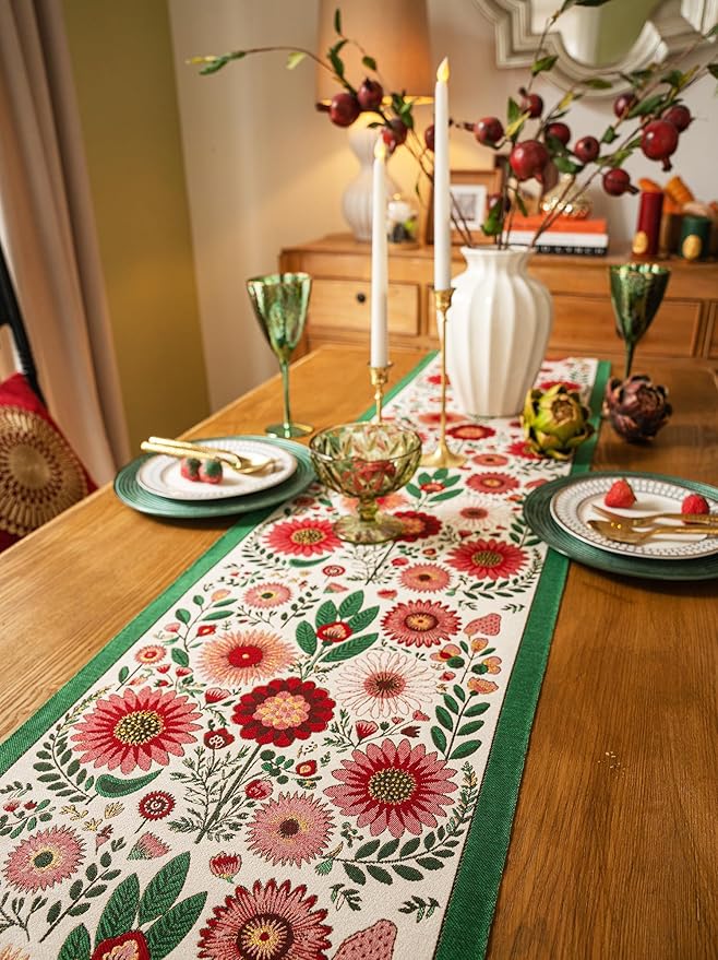 13×72 Inch Table Runner, Retro-Luxury Tassels Series for Kitchen Dining Table Holiday Decoration (Spring Blossom)