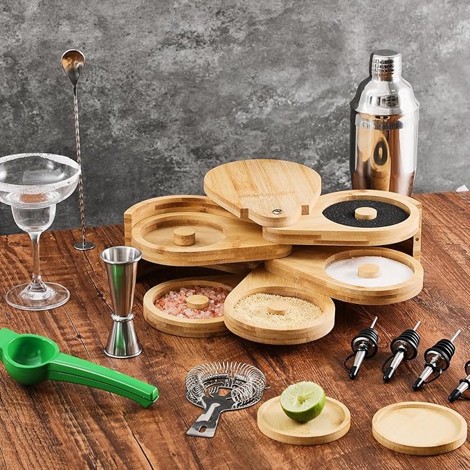 Mifoci 9 Pcs Bamboo 5 Tier Margarita Salt Rimmer Set, Cocktail Shaker Set Bartender Kit, Measuring Jigger, Mixing Spoon, Citrus Squeezer, Ice Filter, Coasters, Bar Accessories for House Party Gift