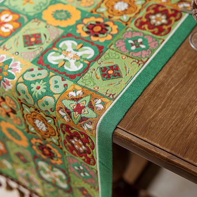 13×72 Inch Table Runner, Retro-Luxury Tassels Series for Kitchen Dining Table Holiday Decoration (Ethnic Green)