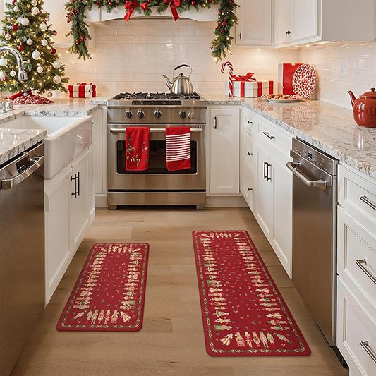 GENIMO Christmas Decorations - Kitchen Mats for Floor, 2PCS Christmas Kitchen Rugs, Cushioned Anti Fatigue Mat for Home Decor, Waterproof Non Slip Standing Mat for Laundry, 17.3"x47"+17.3"x30", Red