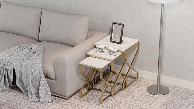 Relso Helix Nesting End Tables - Ceramic Tile Top with Gold Metal Frame - Set of 3 Accent Tables for Living Room Bedroom Entryway - Small Coffee Tables, Modern Nightstand, Durable Design | No Assembly