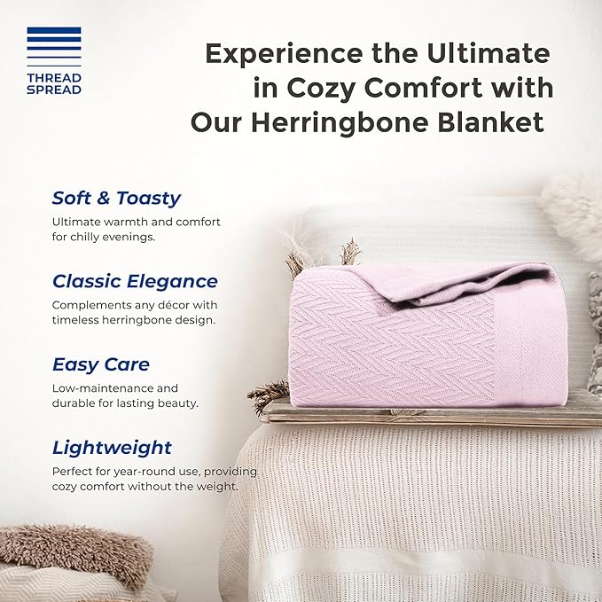 THREAD SPREAD Organic GOTS Cotton Blanket, King/Cal King - 350GSM, Oversized Antistatic, Fuzzy Soft, Couch, Bed, Camping & Travel, Luxurious Herringbone All-Season Throw, Blush + Free Chic Tote Bag