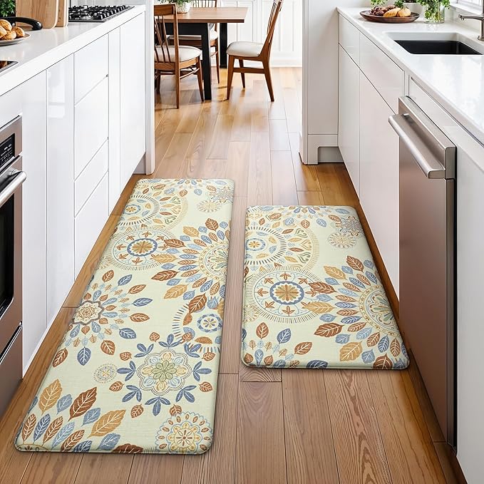 GENIMO Kitchen Mats for Floor 2PCS, Washable Cushioned Kitchen Rugs Non Slip, Farmhouse Anti Fatigue Mat Waterproof, Comfort Standing Mat Rug for Home, Laundry, Office, 17.3"x47"+17.3"x30", Beige&Blue