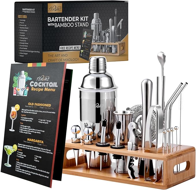Mixology Bartender Kit with Japanese Jigger & Bamboo Stand - 25 Piece Stainless Steel Cocktail Making Set, Shaker, Strainer, Mixer, Spoon, Muddler, Barware Tools - Birthday Gifts & Anniversary