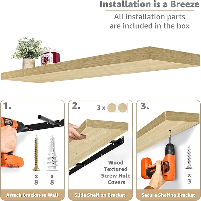 Sorbus Floating Shelves for Wall - 55 Inch Extra-Long Bathroom Shelves, Wall Decor for Bedroom, Kitchen, Living Room, Book Storage - Mounted Floating Shelf with Hidden Brackets (Maple Wood, 3 Pack)