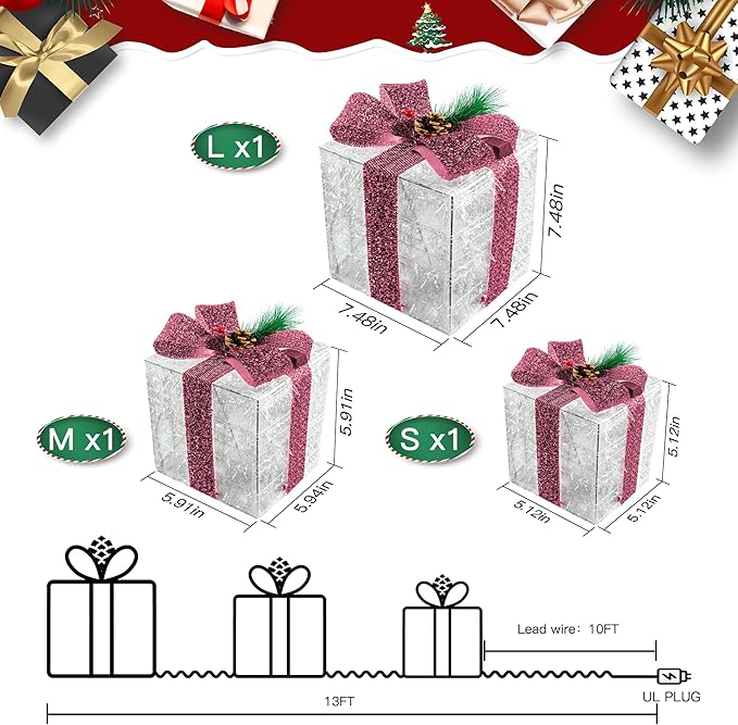 Christmas Decorations, Set of 3 Christmas Lighted Gift Boxes, Pre-lit 60 LED Light Up Present Boxes Warm White Ornaments for Indoor Outdoor Yard Lawn Home Wedding Decor (Pink Bow)