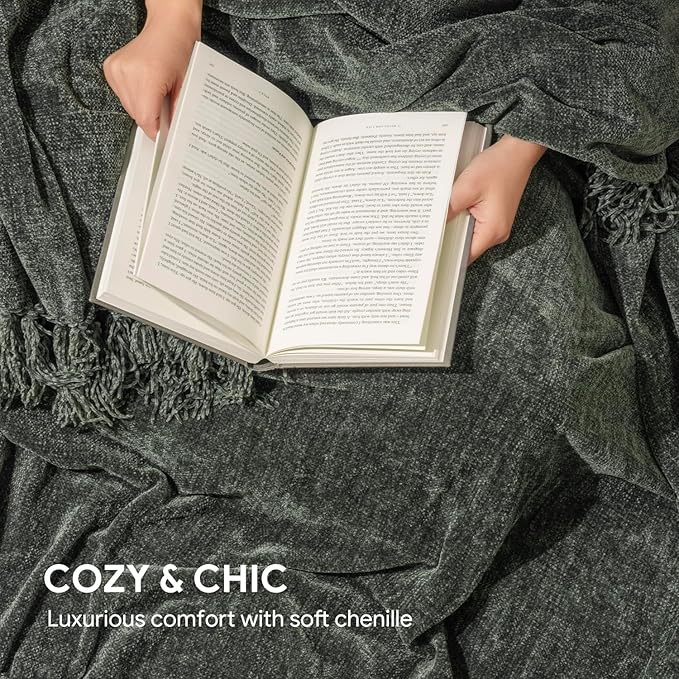 RECYCO Throw Blanket Soft Cozy Chenille Throw Blanket with Fringe Tassel for Couch Sofa Chair Bed Living Room Gift (Dark Green, 50" x 60")