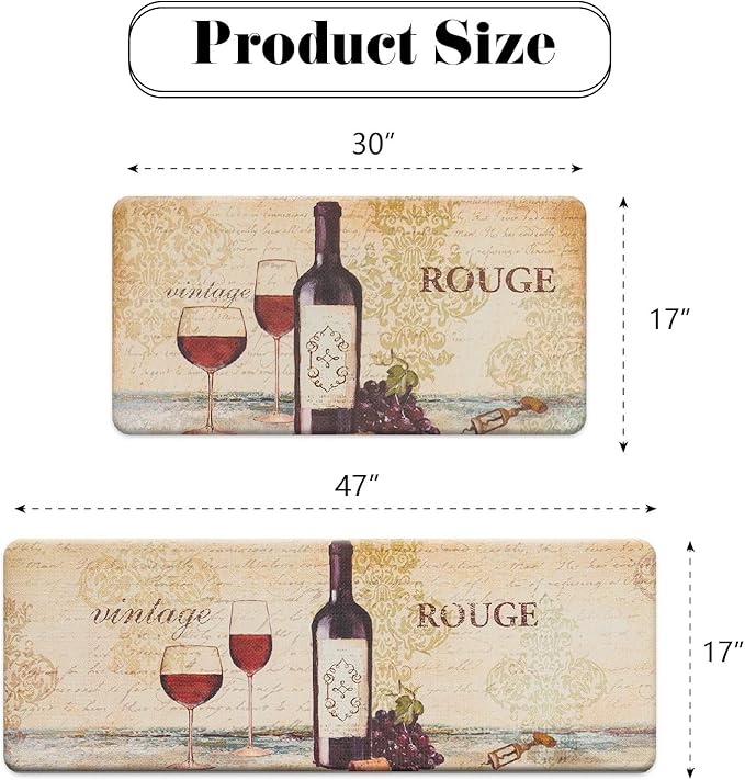 FRESHMINT Farmhouse Kitchen Mats Sets 2 Piece Cushioned Comfort Mat for Home & Office Ergonomically Engineered Memory Foam Kitchen Rug Waterproof Non-Skid, 30" by 17" + 47" by 17",Wine