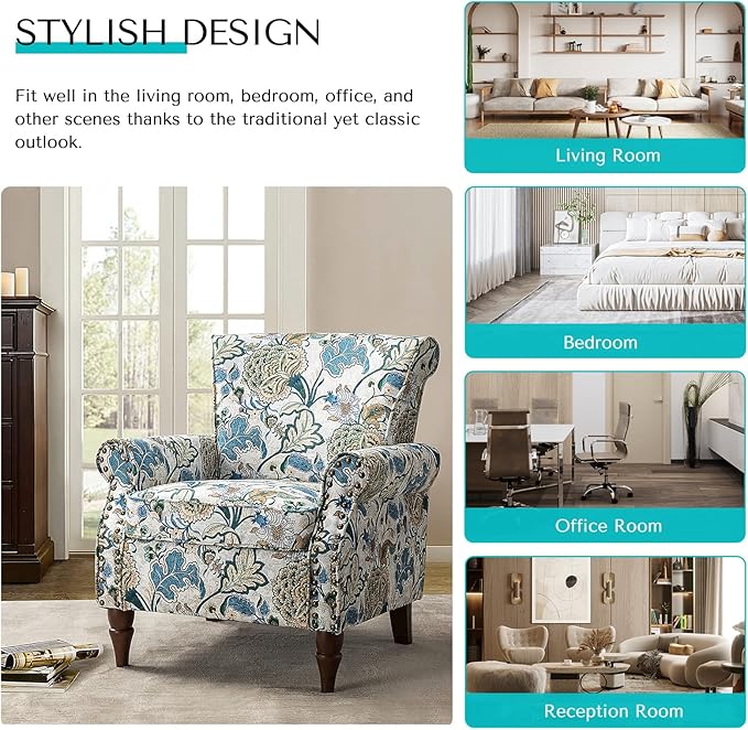 HULALA HOME Modern Wingback Accent Chairs Set of 2 with Wood Legs & Removable Cushion, Comfy Upholstered Armchairs with Nailhead Trim, Floral Pattern Single Sofa Chairs for Living Room Bedroom, Green