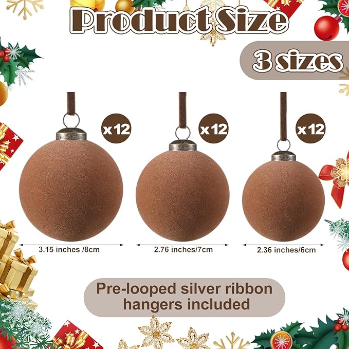 36 Pcs Velvet Christmas Balls Bulk - Flocked Christmas Tree Ball Ornaments Hanging Decoration for Xmas Tree, Wreath, Home or Party Decorations, 2.36", 2.76", 3.15"(Brown)