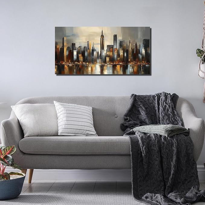 GUGIKA City Wall Art for Living Room, Gold and Grey Wall-Decor for Bedroom, Modern Cityscape Poster Canvas Print, Size 40 x 20 Inches