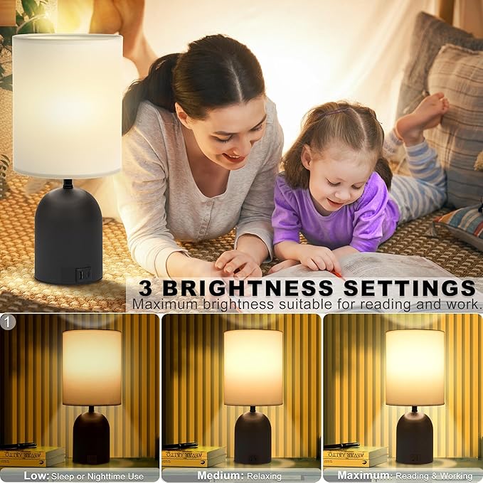 Bedside Table Lamp for Bedroom, 3 Way Dimmable Touch Nightstand Lamp with USB C and A Ports Small Table Desk Lamp for Bedroom, Living Room, Reading Room, Kids Room, Office, Dorm Black/White