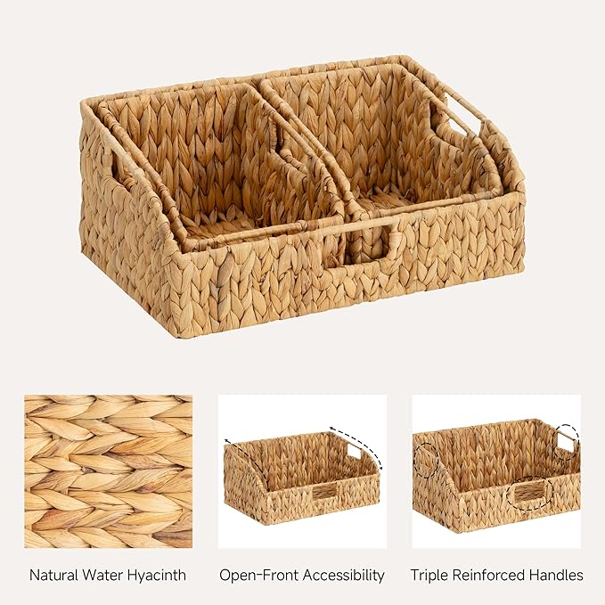StorageWorks Water Hyacinth Pantry Storage Baskets, Wicker Baskets with Built-in Handles, Handwoven Shelf Baskets for Organizing, Pantry Organizers and Storage, 3 Pack
