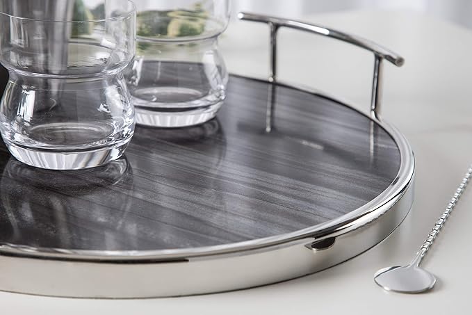 Kate and Laurel Marbury Modern Round Tray, 15 x 14 x 3, Gray Marble and Silver, Contemporary Marble Tray for Storage and Display